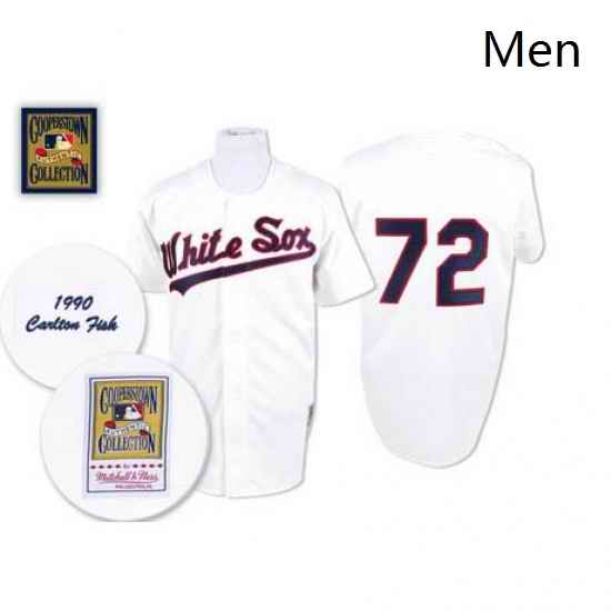 Mens Mitchell and Ness 1990 Chicago White Sox 72 Carlton Fisk Authentic White Throwback MLB Jersey